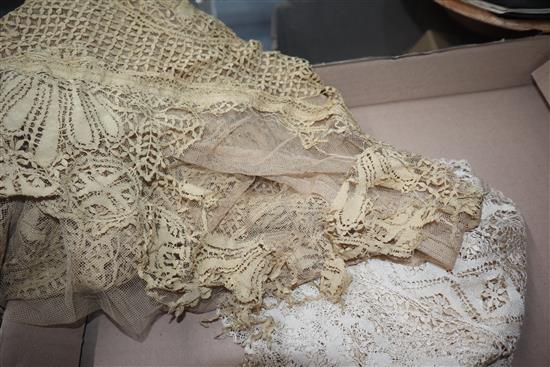 A large Maltese silk shawl, similar stole and collar and three lengths of Brussels point de gaze